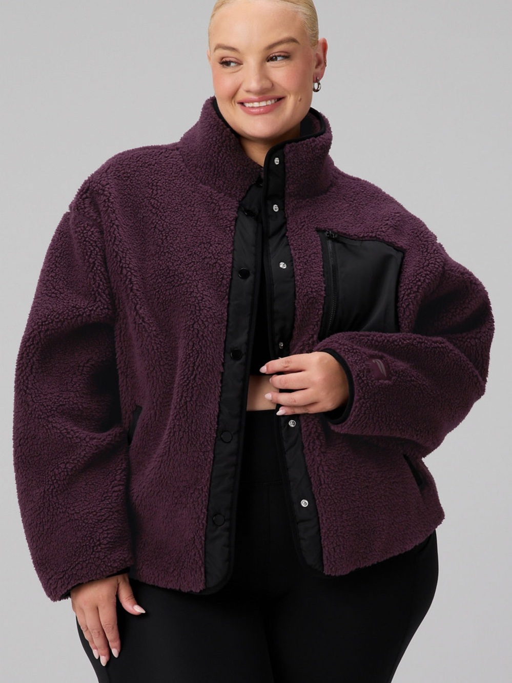 Fabletics Plush Sherpa Jacket in Deep Plum with Black Trim
